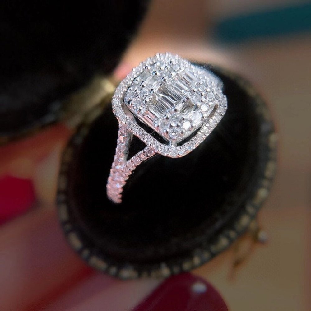 NEW Silver Baguette Round Diamond Halo Ring 9 - Picture 3 of 5